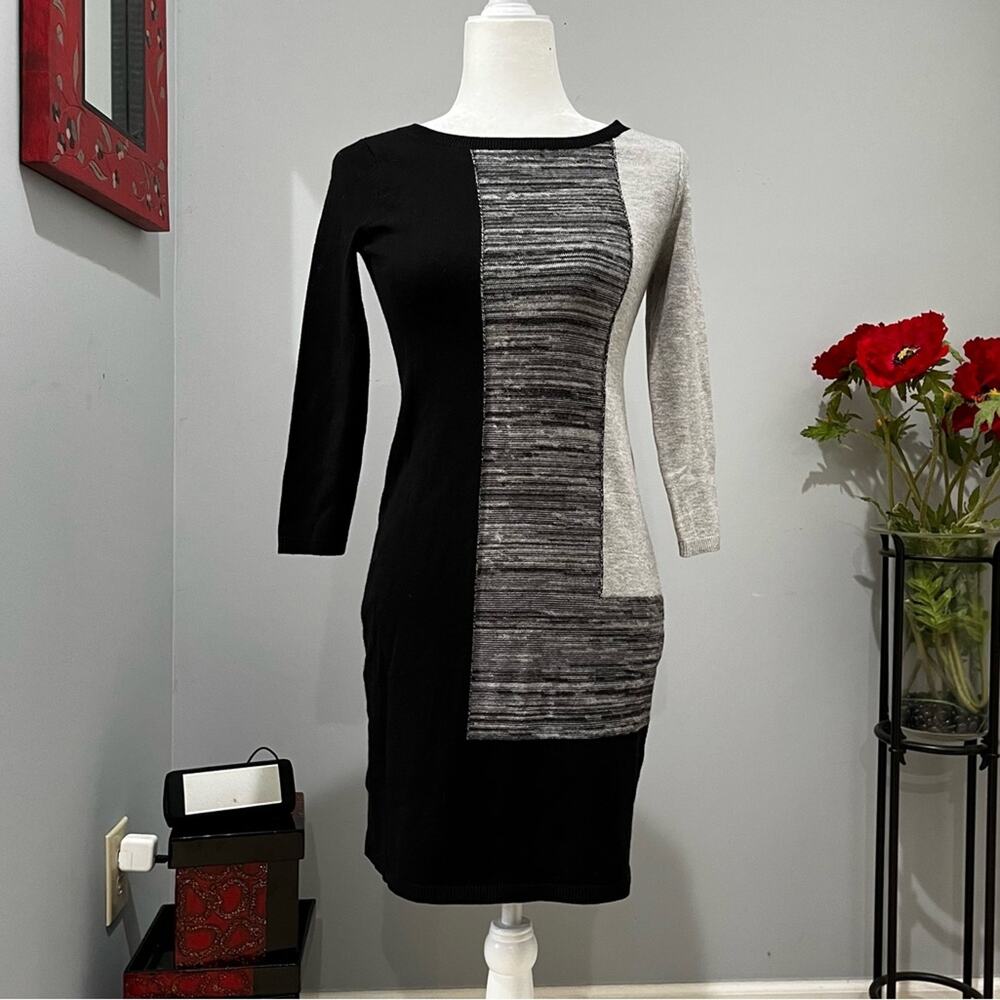 NEW Ann Taylor Colorblock 3/4 Sleeve Scoop Neck Tri Tone Sweater Dress XXSP NWOT